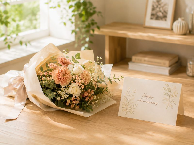 記念日の花束とメッセージカード