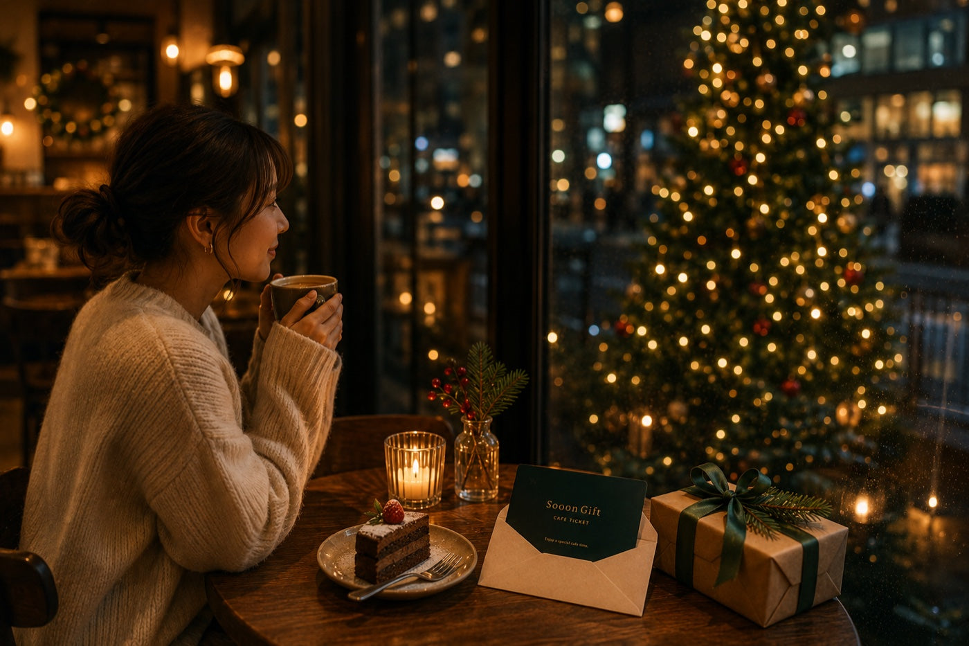 冬のカフェでコーヒーを楽しむ人と、背景の控えめなイルミネーション