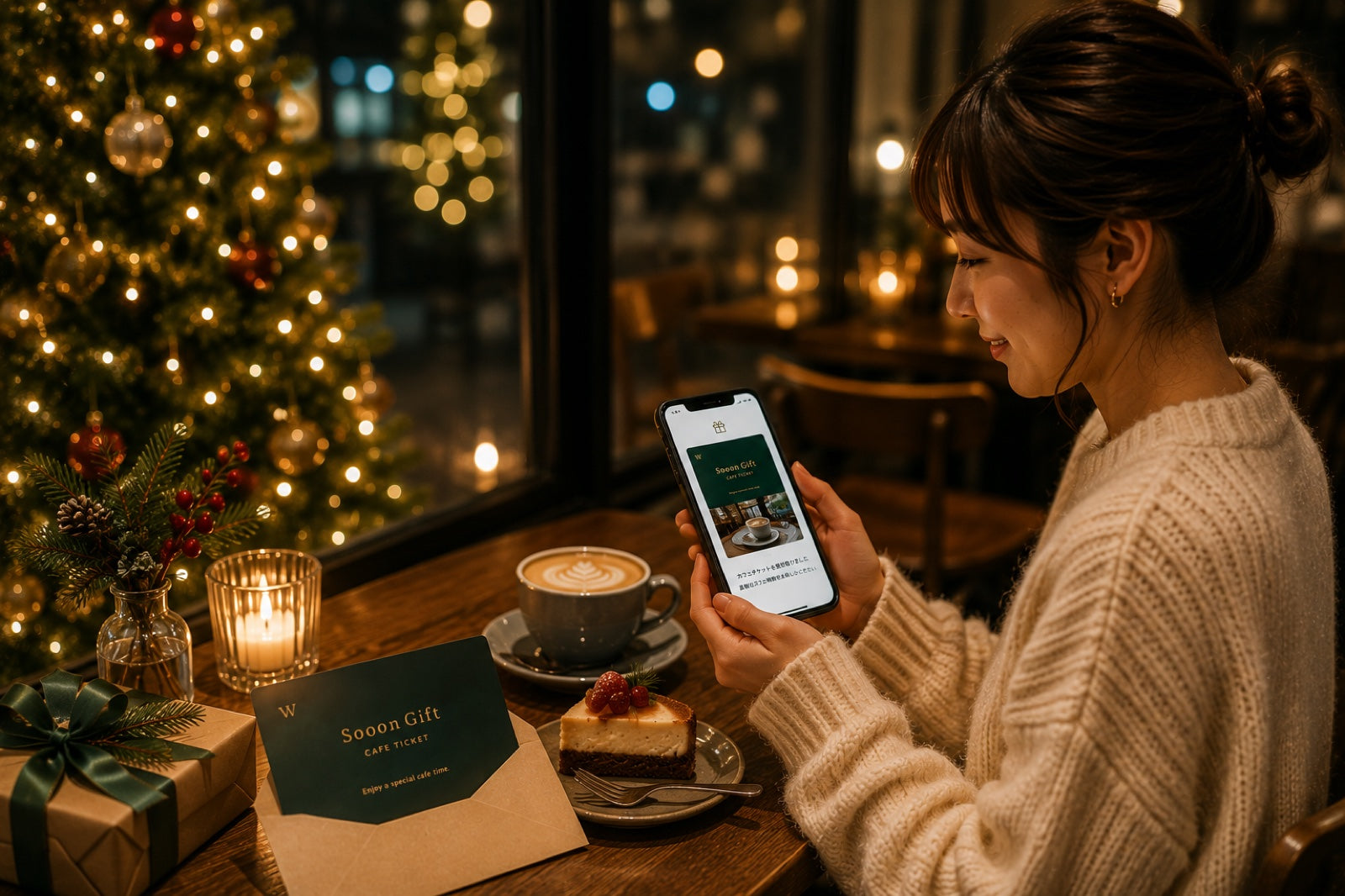 夜のカフェに並ぶコーヒーとギフト、キャンドルの灯り