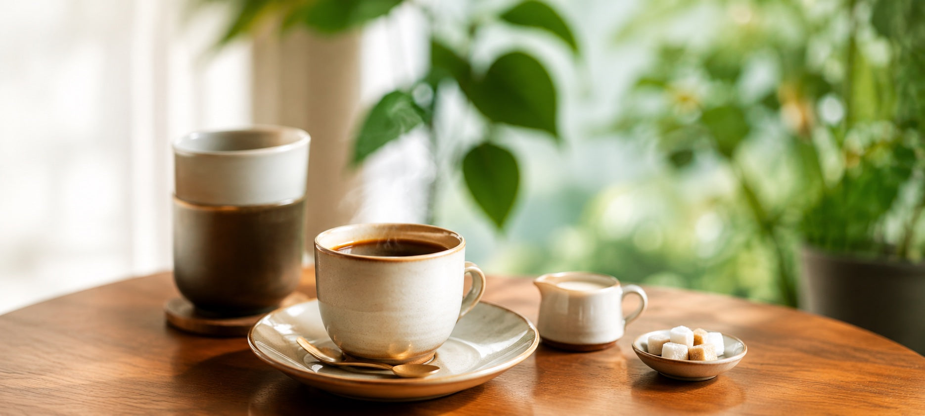 窓辺のテーブルに置かれたコーヒー