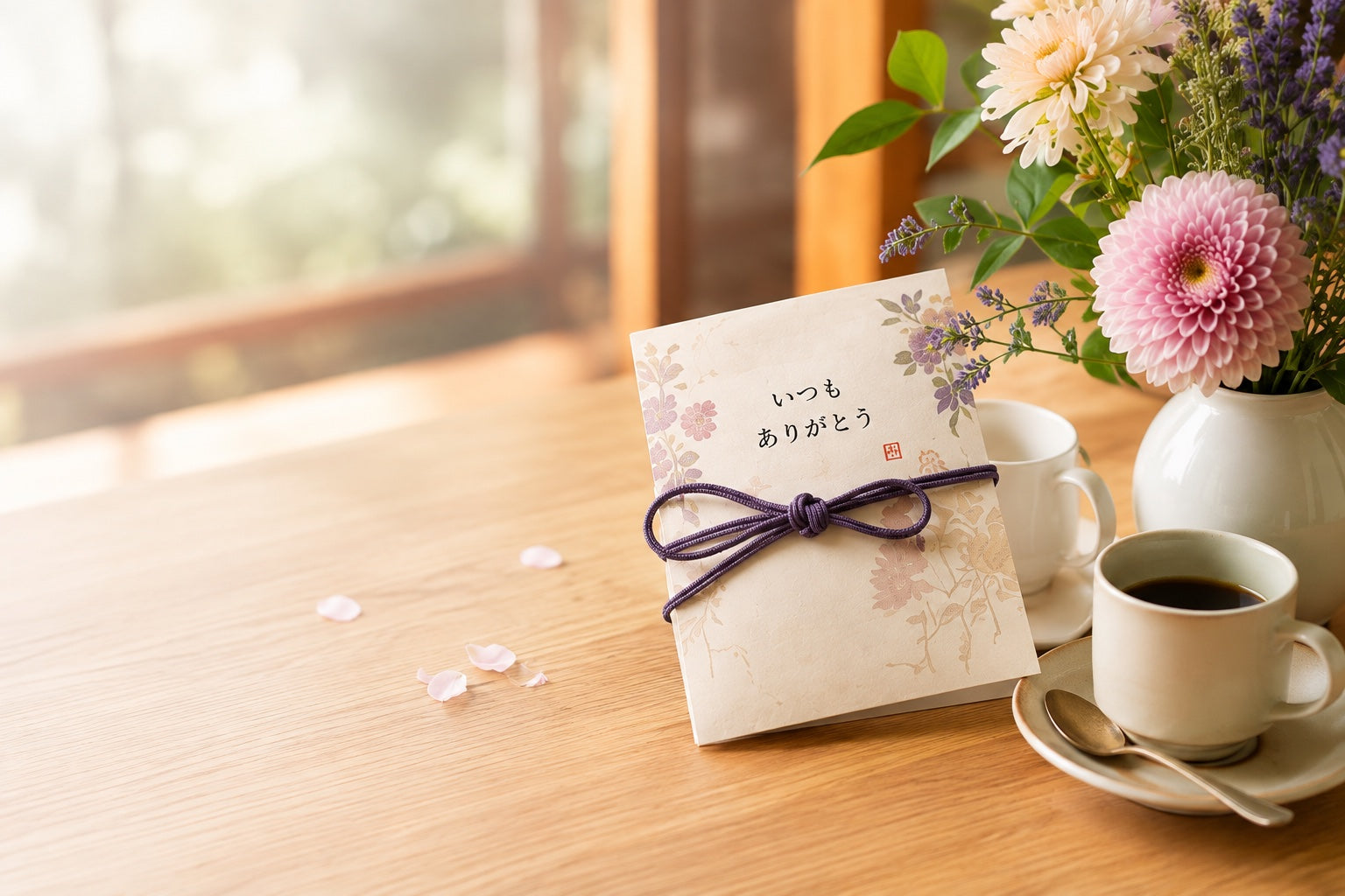 「いつもありがとう」のギフトカードとコーヒー、秋の花