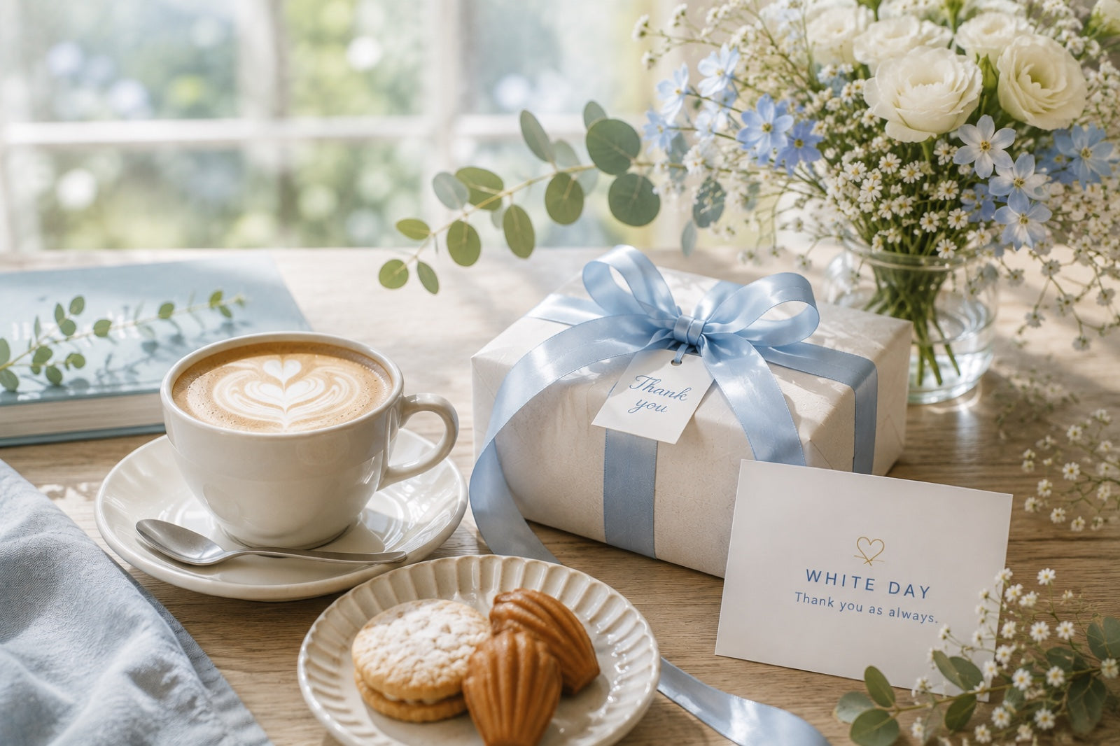白いリボンのギフトとコーヒー、春の花が並ぶ明るいテーブル